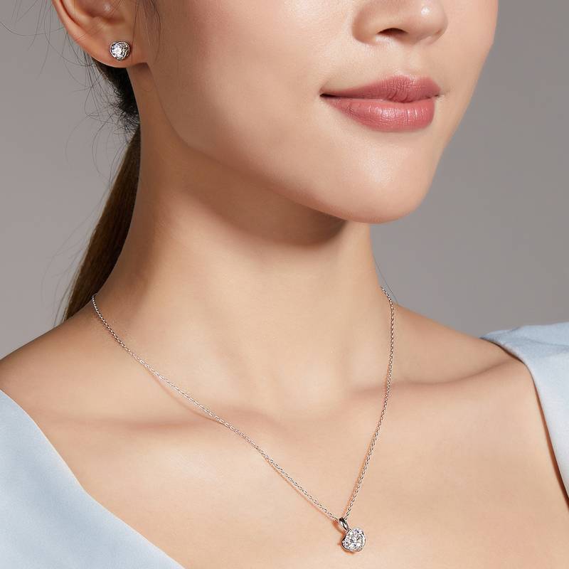 心花怒放S925银镀白金MoissanitePendantStud Earring套装